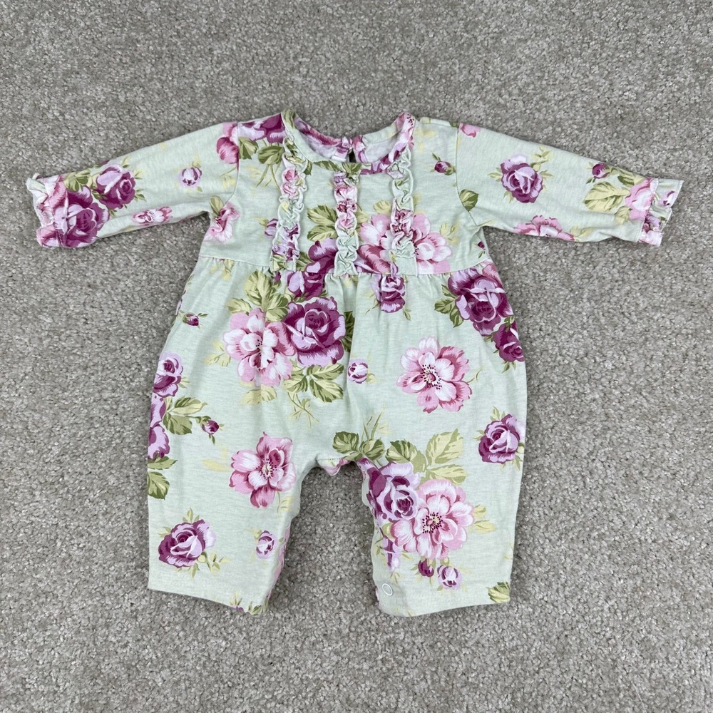 Tralala Baby Girl Rosalie Sage Floral Jumpsuit 0-3M Green Pink Cotton Ruffle